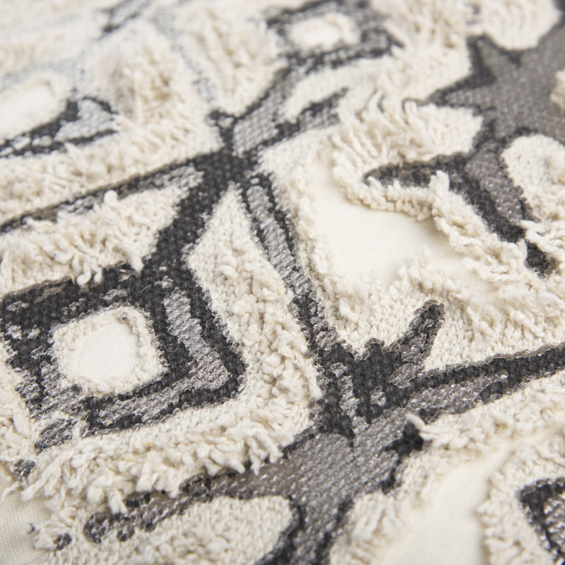 Ivory and Silver Geometric Cotton Throw Pillow with Frayed Edges