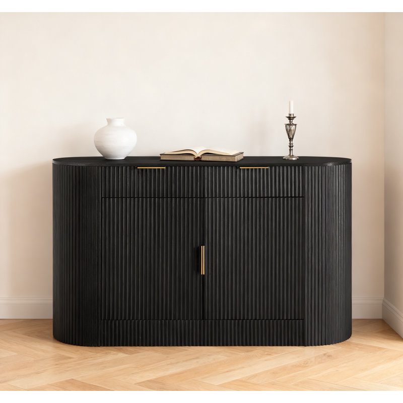 55.1" Modern Storage Cabinet – 2 Doors & 2 Drawers, Stripe Mdf Sideboard With Aluminum Handles, Curved Side Door & 3-Tier Shelves, Buffet Cabinet For Living Room, Bedroom, Dining Room,Black