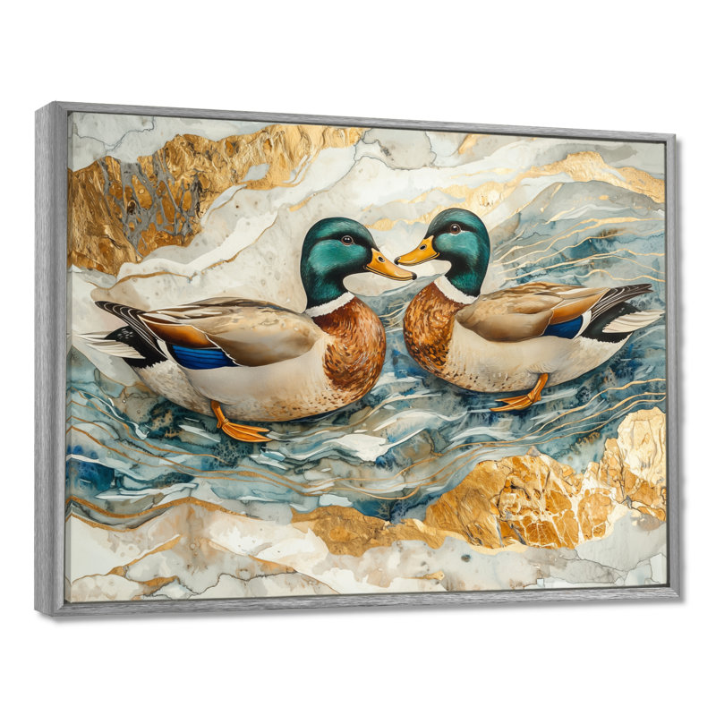 «Donat Ducks Love The Lake Landscape II - Duck», art mural, Argent argent, H 34 po x l 44 po, Impression encadrée flottante