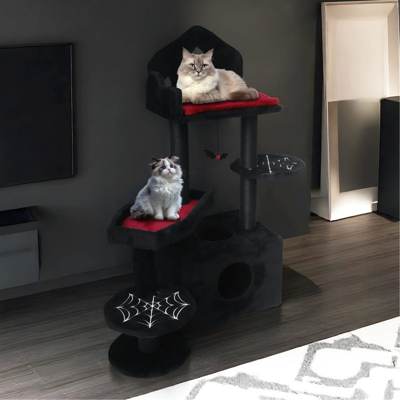 Arbre à chat de style noir avec forme de maison, espace de repos confortable et meubles à griffes renforcés avec coussin moelleux