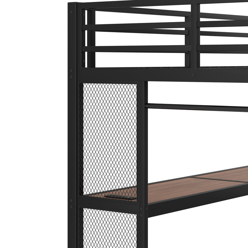 Lit mezzanine double avec bureau et escalier de rangement, lits mezzanine en métal avec lumières à DEL, ports USB, filets en fer multifonctionnels, aucune boîte à ressorts nécessaire et sans bruit, noir