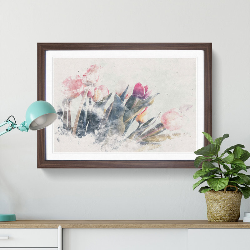 Bunch of Pink Tulips - Picture Frame Graphic Art Print, 40cm H x 60cm W x 2cm D, Walnut Framed