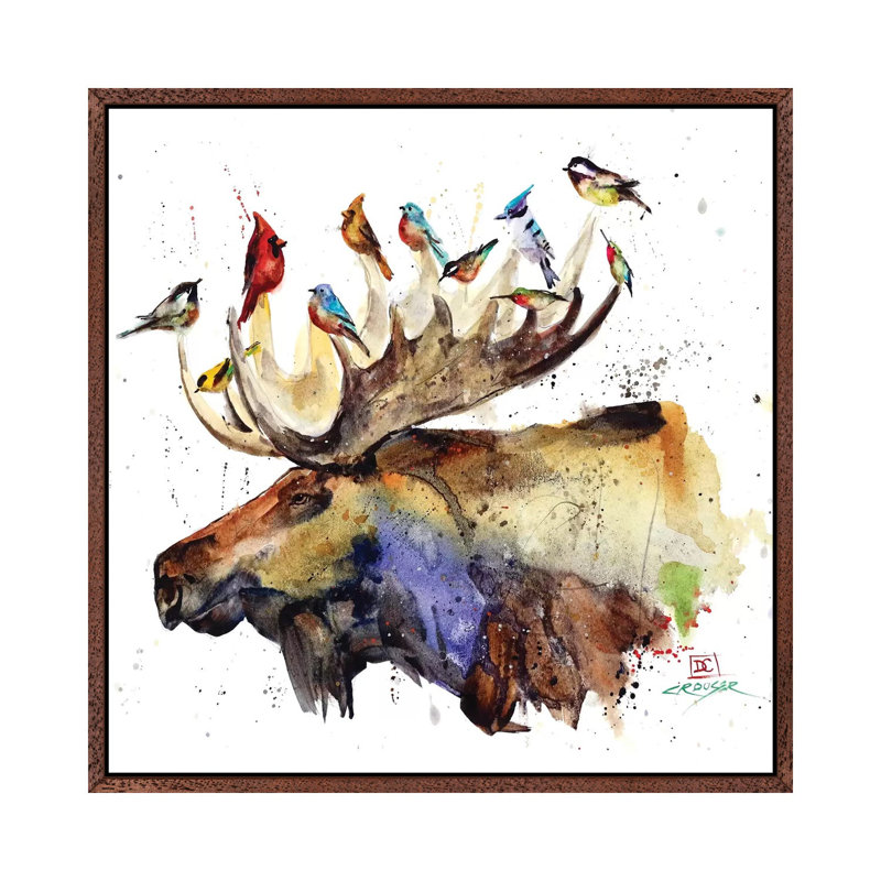 Moose And Birds by Dean Crouser - Painting on Canvas, 45.72 cm H x 45.72 cm W, Classic Brown Wood Framed Canvas