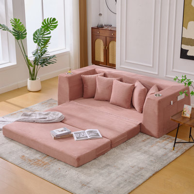 82.25"  Bed,Loveseat Sleeper Sofa,2 In 1 Sofa, Corduroy Pull Out Sofa Bed,5 Pillows, Side Pocket,Two Cup Holders,Wide Armrest,3 Seat, Convertible Sofa