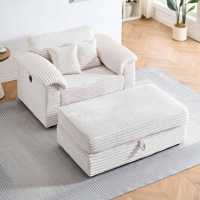 Fauteuil simple 47 po avec accoudoirs en velours côtelé avec rangement et repose-pieds USB, Blanc