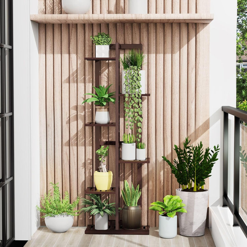 Tablette de coin d'intérieur à 6 niveaux en bambou avec support pour plantes
