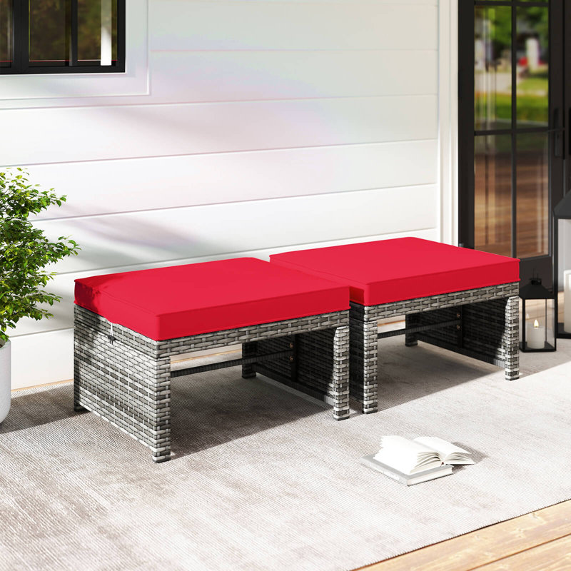 Ensemble de 2 repose-pieds en rotin avec coussins amovibles et structure en métal, Rouge