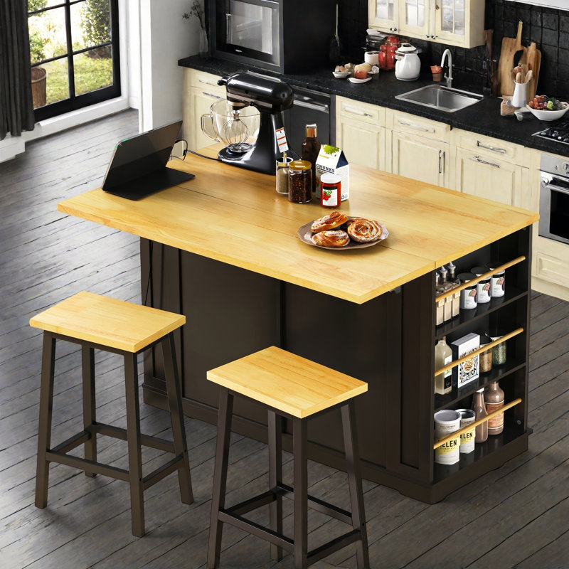 Grand îlot de cuisine roulant avec abattant, prise de courant, supports de rangement internes, 5 supports latéraux ouverts, 2 tiroirs, une tablette réglable