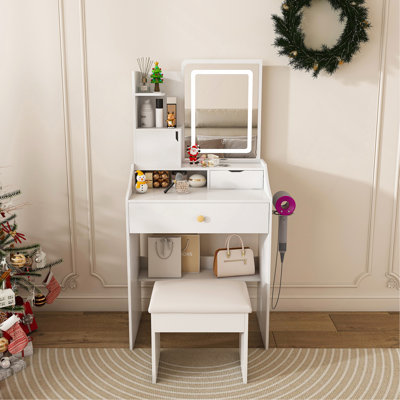 Miroir de coiffeuse 3 couleurs avec tabouret à DEL, coiffeuse rose pour la chambre à coucher, 2 tiroirs 5 armoires de rangement (4 ouvertes avec 1 cachée), éclairage réglable (blanc)