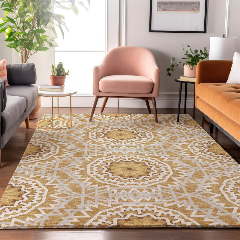 Tapis doré de qualité supérieure lavable à la machine Cerrito, Rectangle 2 pi 6 po x 3 pi 10 po