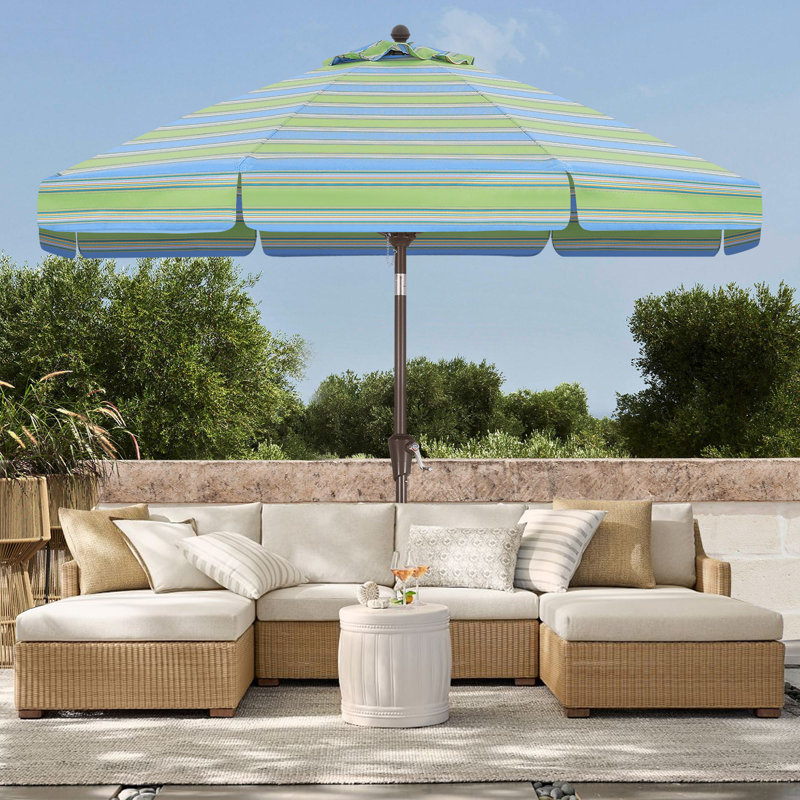 Parasol de marché festonné en oléfine de 2,74 m (9 pi) avec inclinaison et levage à manivelle, Rayures paradisiaques