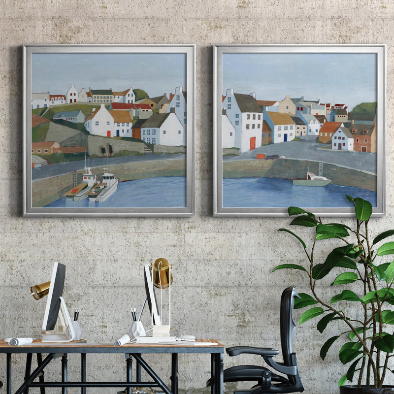 Ensemble de 2 cadres photo Old Coast Town I Old Coast Town I, H 34,5 po x l 69 po x P 1,5 po, Toile avec cadre argenté