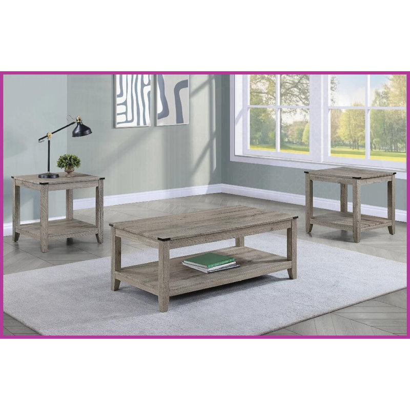 Ensemble de 3 tables basses rustiques gris et brun avec tablette - rectangulaire Tables de bout carrées pour le salon, assemblage facile