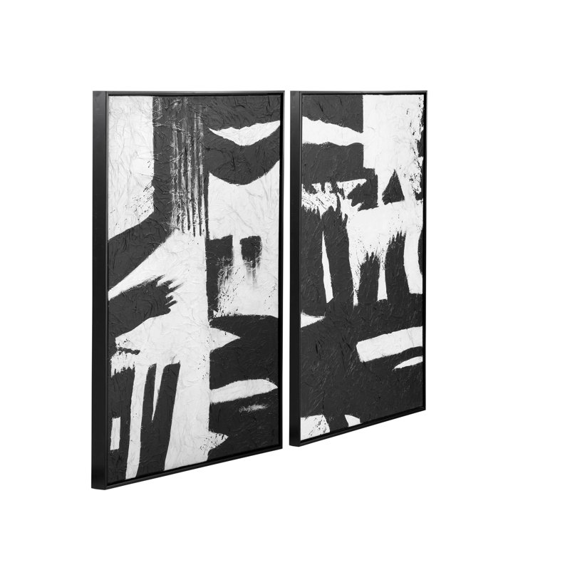 Ensemble noir et blanc de 2 toiles abstraites peintes à la main avec cadre noir
