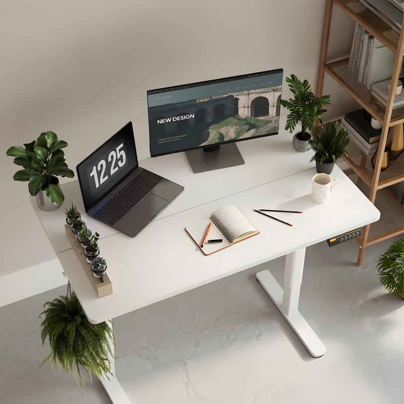 Bureau debout électrique à hauteur ajustable avec crochets, H 46,5 po x l 48 po x P 24 po, Blanc / blanc