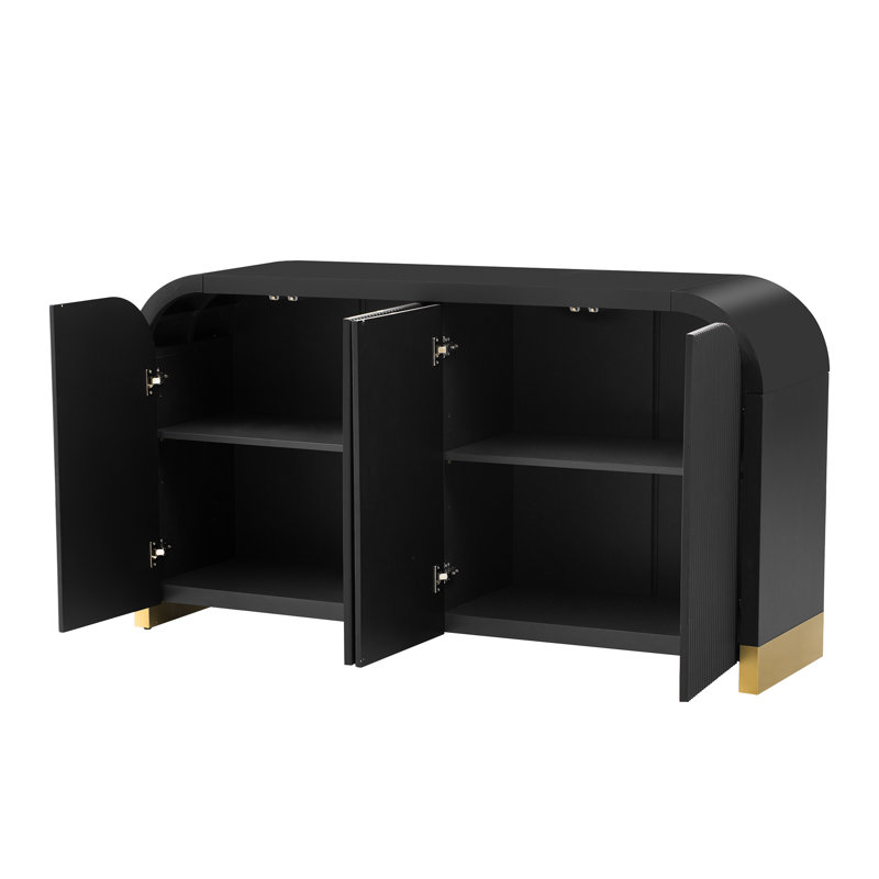 Genae 4-Door Curved Design Wavy Door Panel Cabinet with Adjustable Shelves, for Living Room and Entrance, Black, Black