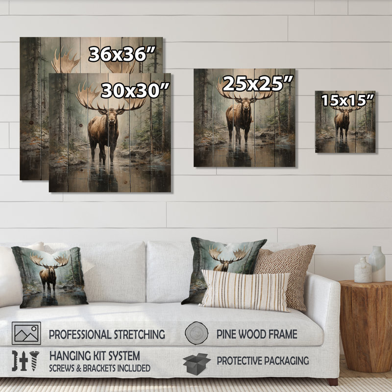 Mystic Moose In Forest II - impression d'orignal sur bois, H 30 po x l 30 po