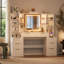 Grande coiffeuse de 150 cm avec miroir lumineux, éclairage DEL 3 couleurs réglable, meuble coiffeuse en bois d'ingénierie E1 avec 8 tiroirs et étagères de rangement ouvertes pour chambre à coucher