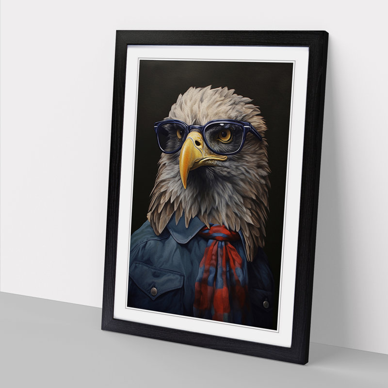 Eagle With Glasses - Single Picture Frame Print on Wood, Black Framed, 34cm H x 25cm W