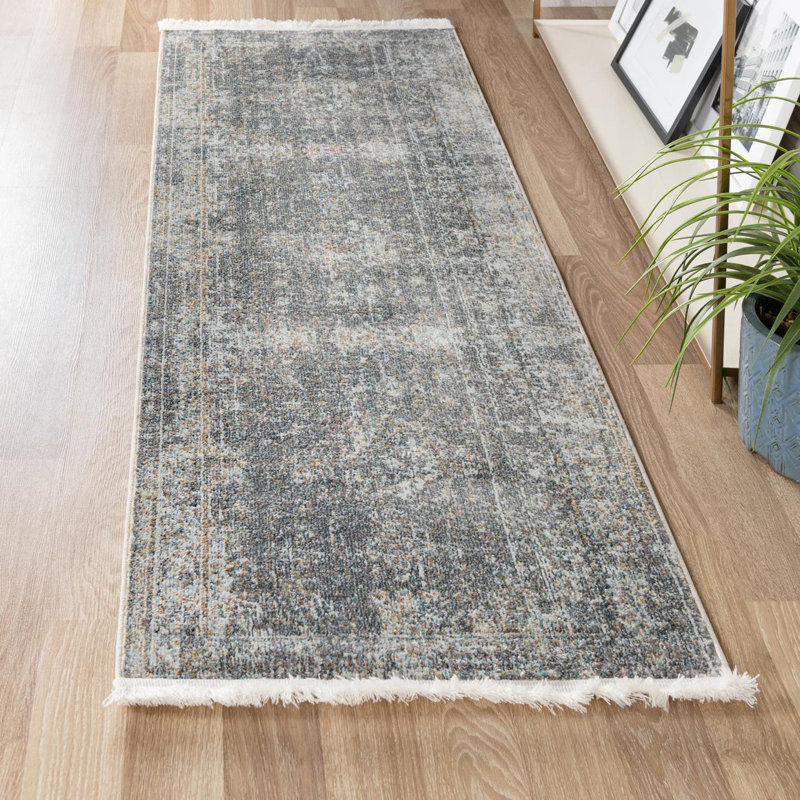 Tapis oriental gris fumée Folmar, Tapis de couloir 2 pi 7 po x 12 pi