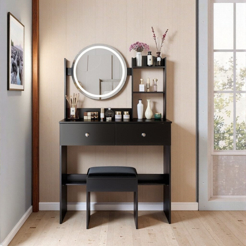 Ensemble de meuble-lavabo à miroir rond 31,5 "avec éclairage réglable, coiffeuse compacte et tabouret pour petits espaces