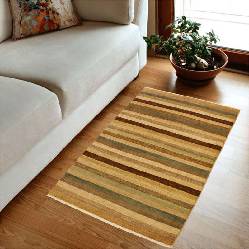 Tapis rayé rouge / vert en laine noué à la main 3 pi 11 po x 5 pi 7 po