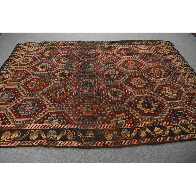Grand tapis kilim turc rétro en brun - Style scandinave brodé pour le salon