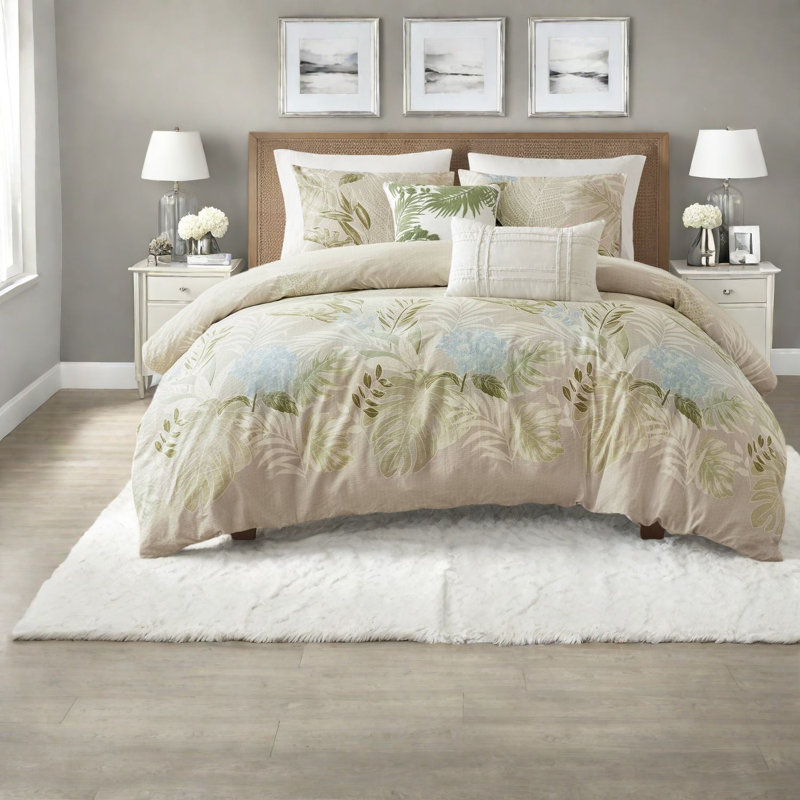 Luxurious Cotton Bedding Sets, King/cal King Size With Botanical Print And Throw Pillows