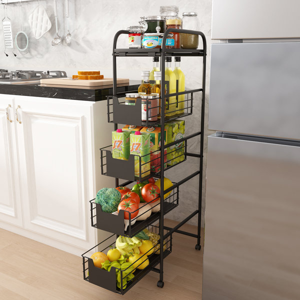  Kitchen Storage Basket Rack with Wheels 5 Tier Stackable  Pantry Vegetable Baskets Foldable Utility Storage Cart No Assembly  Organizer Cart for Market ,Garage