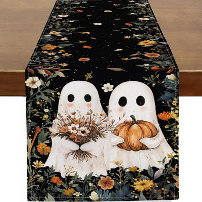 Halloween Ghost Pumpkin Floral Table Runner | Spooky Farmhouse Dining Table Decoration for Holiday Home Décor