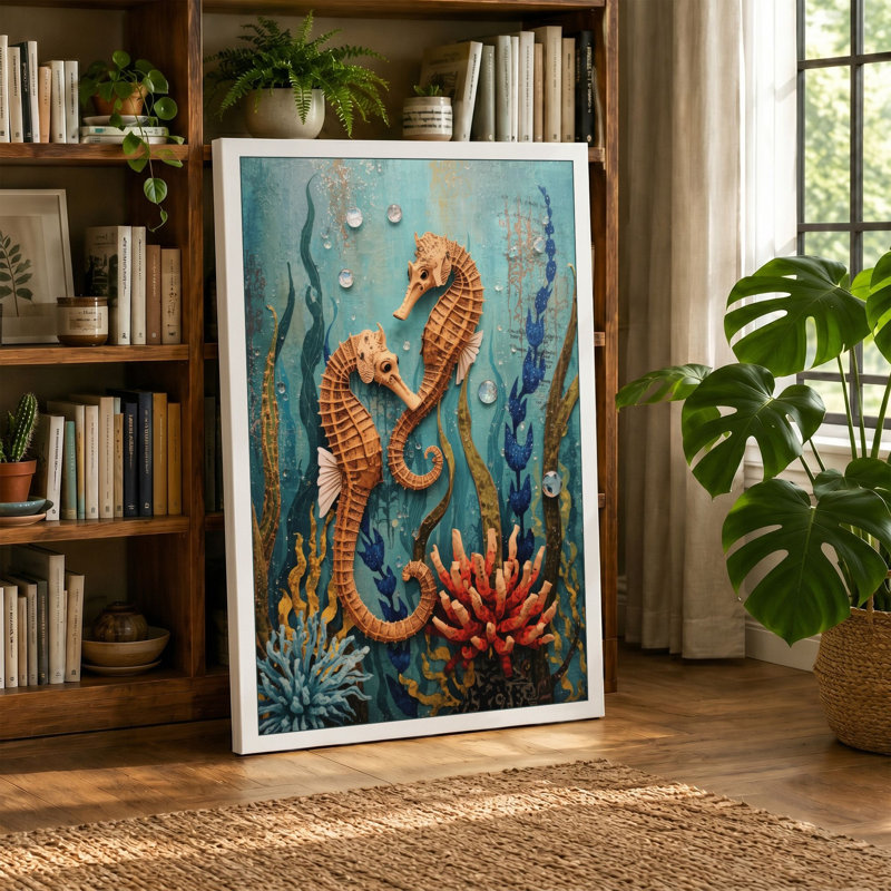 Golden Seahorses Coastal - Wrapped Canvas, 18x12 - 45.7 x 30.5 cm, White Border