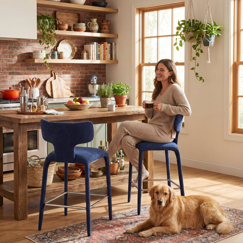 Modern Upholstered Counter Bar Stools with Back Kitchen Island Stools, Blue Fabric Bar Stools for Breakfast Nook, Industrial Chic Metal Legs