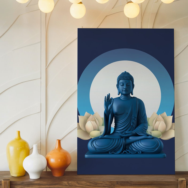 Toile, art serein représentant un Bouddha assis, H 20 po x l 16 po