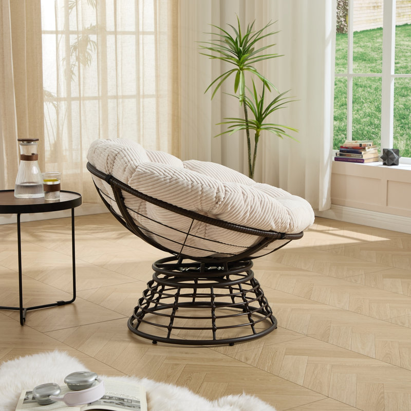 Chaise papasan pivotante en osier avec coussin blanc, White Corduroy