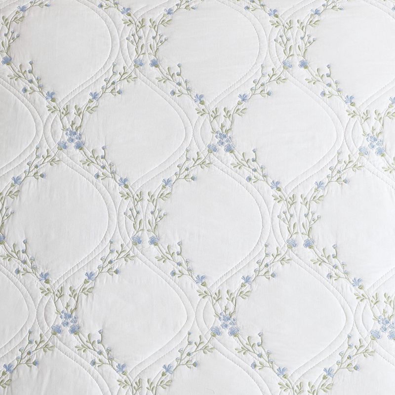 Blue Floral Embroidered Cotton Twin Quilt Set