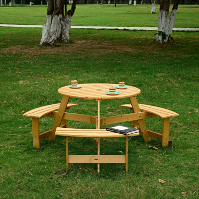 Table de pique-nique ronde pour 6 personnes avec 3 bancs intégrés
