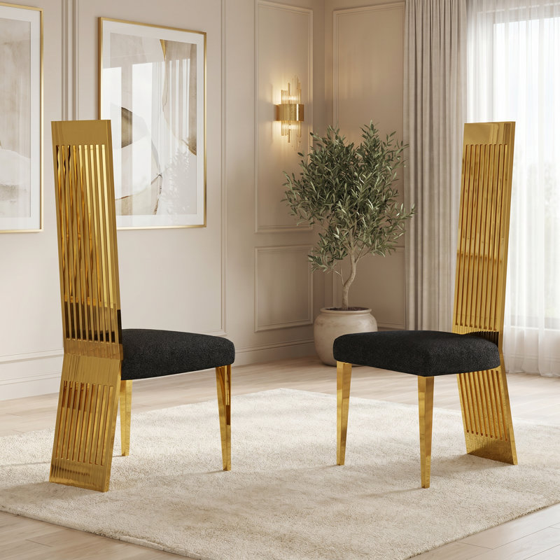 Boucle Upholstered Chairs With Glam High Stainless Steel Back And Leg, Gold/Black