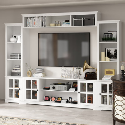 Meuble audio-vidéo moderne de 102 po avec portes d'armoire en verre et huche supérieure pour téléviseurs de 67 po ou moins