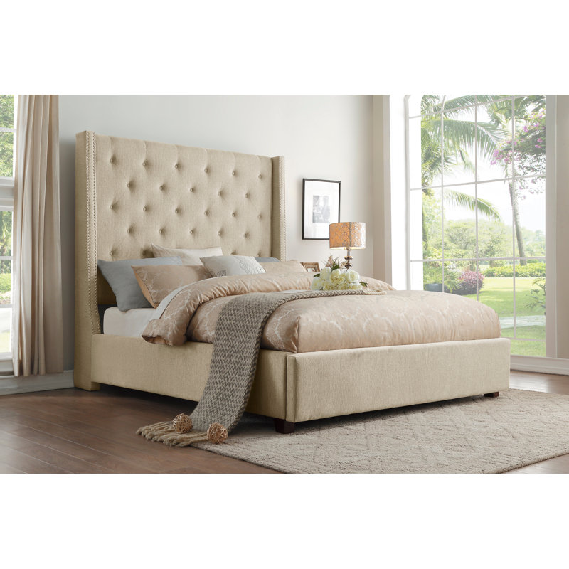 Lit plateforme tapissier Landreneau, Double, Beige