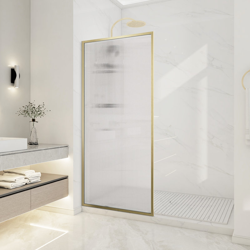 Welle 74 In. X 34 In. Framed Fixed Shower Screen Door In Brushed Gold With 5/16" (8Mm) Tempered Fluted Glass, Fluted