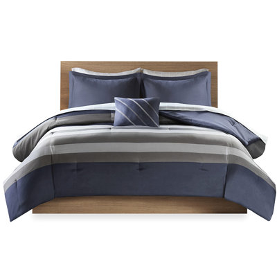 Full Striped Comforter With Sheets - Blue & Grey, Filling, , Machine Washable, Includes Comforter, Shams, Pillow, Sheets, Pillowcases Size And Sheet Collection, Calm , Comprises Fitted Flat For A