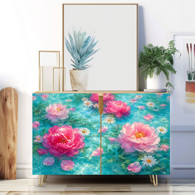 Buffet étroit de 35,4 po de largeur - armoire de rangement d'appoint à 2 portes avec pétales de roses roses, impression de surface d'eau turquoise sereine et pieds en métal