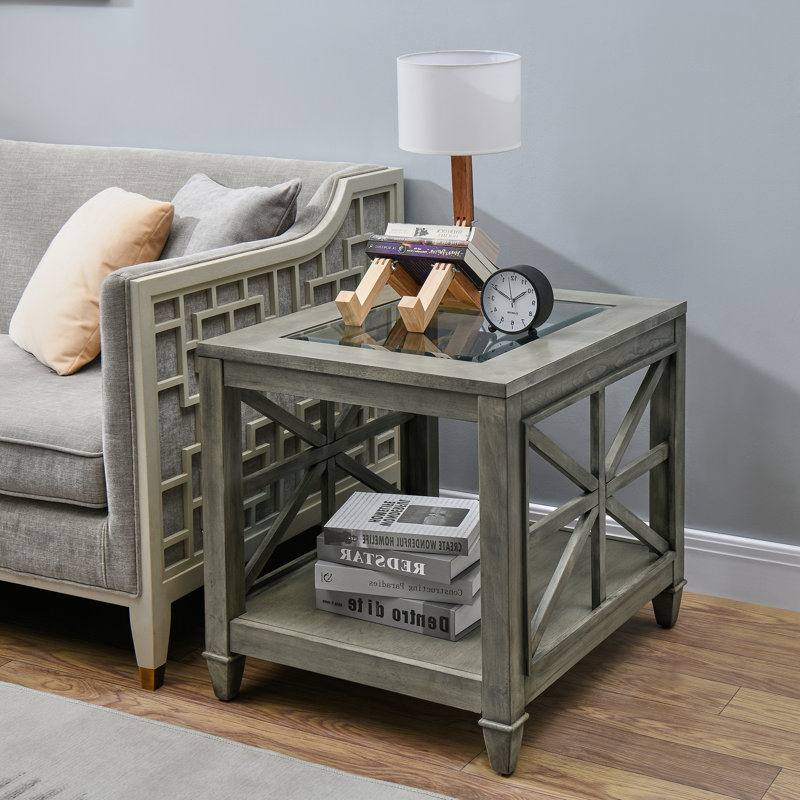 Table de bout en verre avec tablette de rangement, plateau de table d'appoint en bois gris et panneaux décoratifs en X pour le salon