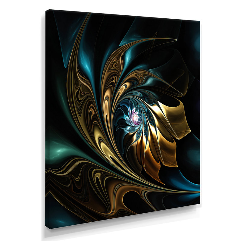 Fleur noire dorée moderne - art mural fleur fractale, impression avec fleur noire, H 32 po x l 16 po, Toile tendue