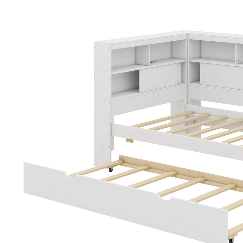Multi-Functional Twin Wooden Daybed With Shelving, USB Charging Stations, And Extendable Trundle, White