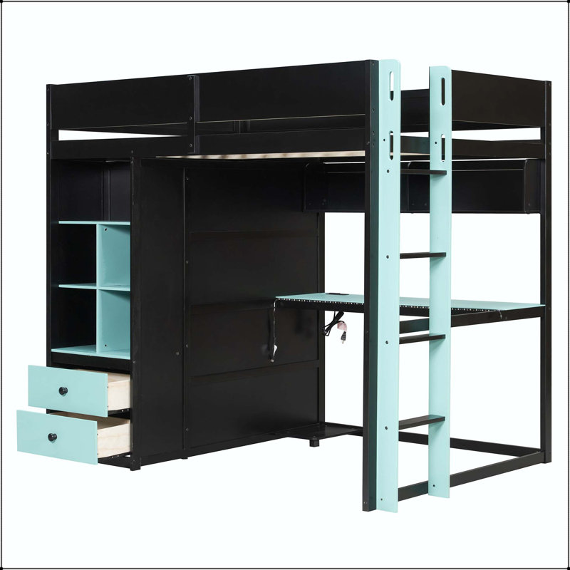 Lit mezzanine double en bois avec bureau et rangement, Noir + bleu, Double