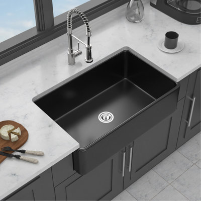 Évier de ferme 33 po noir mat - Évier de cuisine 33 po x 20 po x 10 po à tablier frontal en céramique en porcelaine