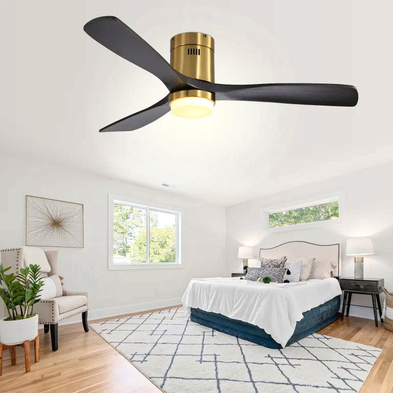 52 Inch Indoor Ceiling Fan With Lights 3 Solid Wood Fan Blade Noiseless Reversible Motor Remote Control With Light, Gold