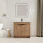 Armoire de salle de bain autoportante avec lavabo en porcelaine. Charnières en acier inoxydable à 2 portes. Look moderne en chêne imitationnel. Tablette réglable d'espace supplémentaire. Contreplaqué en céramique blanche facile à assembler facile à assembler-166617559