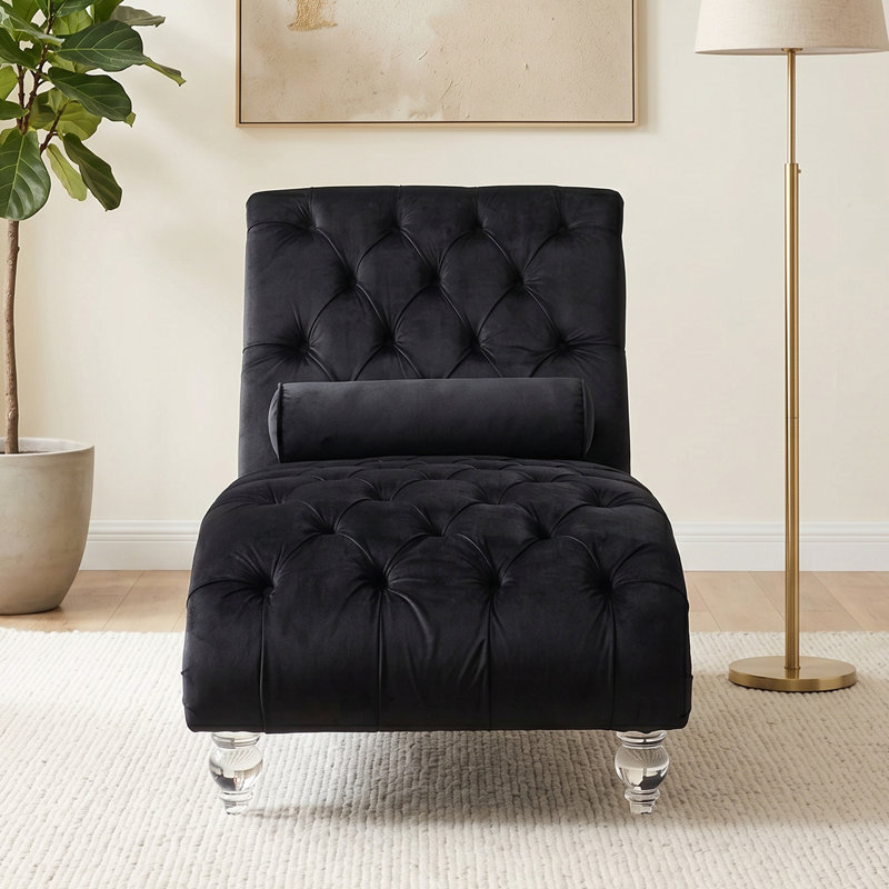 Danuta 29" Wide Armless Upholstered Tufted Chaise Lounge Chair with Lumbar Pillow and Nailhead Trim, Black
